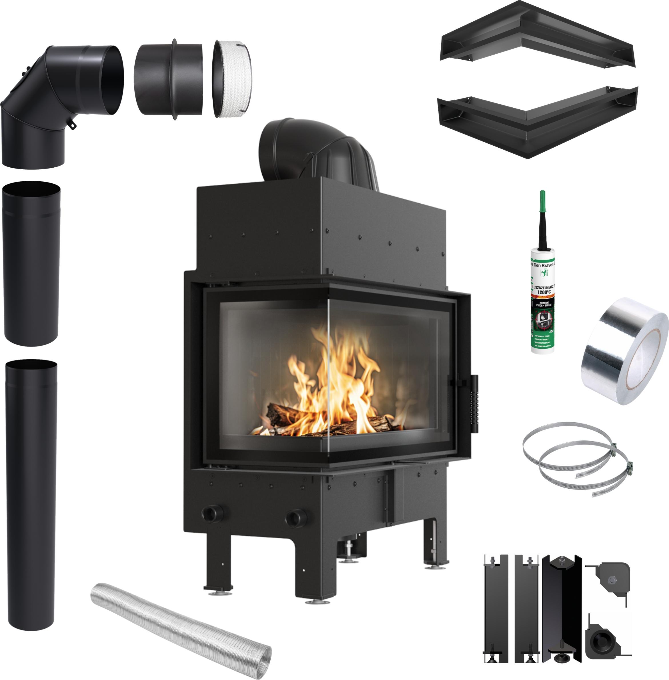 Eck Kamineinsatz KRATKI FLOKI links 10kW Ø200 schwarz Schließung Set