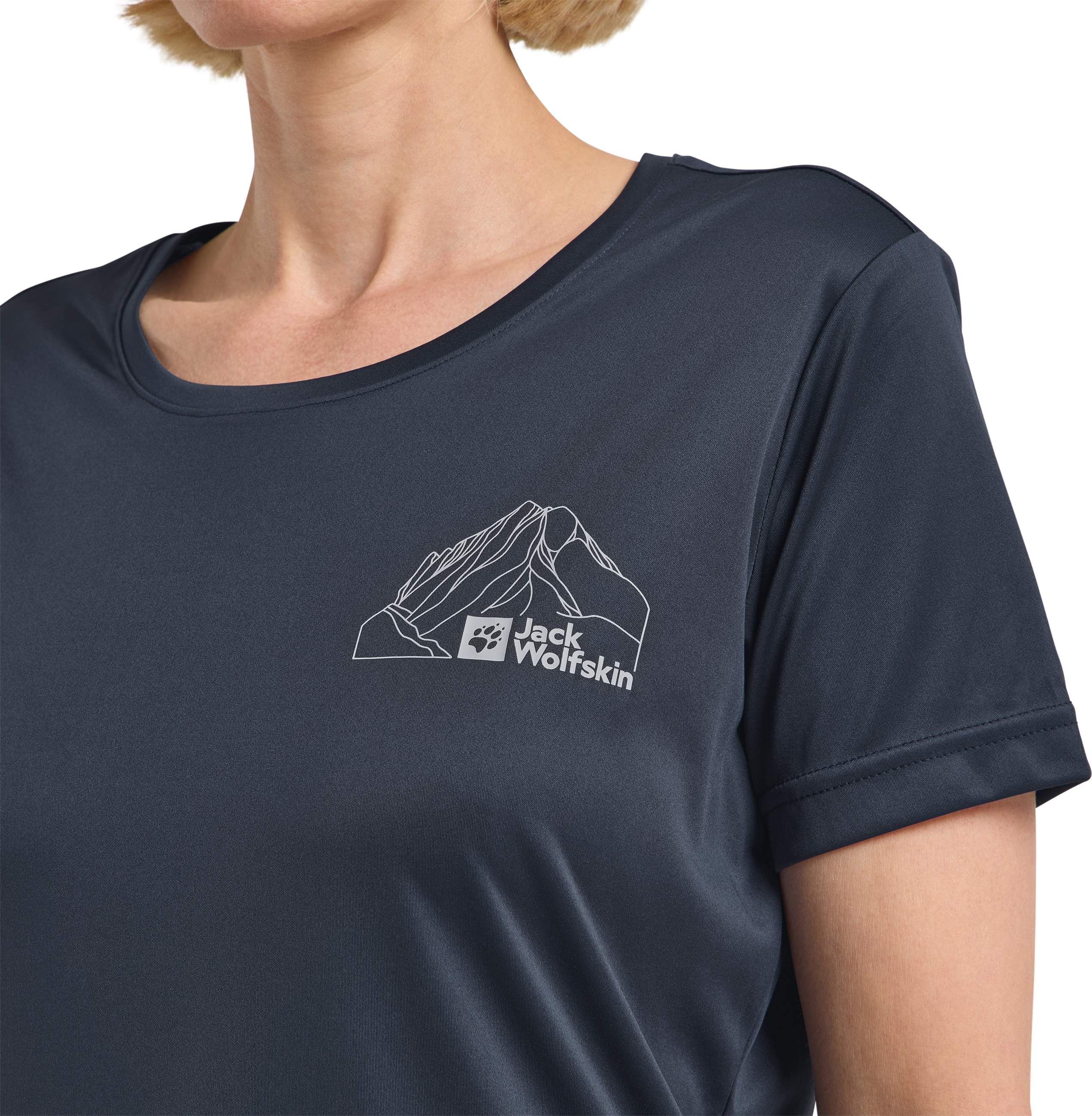 T-Shirt JACK WOLFSKIN "PEAK GRAPHIC T W", Damen, Gr. XS, blau (mtn, midnightsky), Obermaterial: 100% POLYESTER, Shirts T-Shirt mtn, midnightsky XS