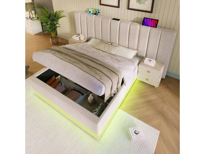 Lit coffre adulte - YEHTOKHOME - 160x200 - Coffre hydraulique - LED RGB connectée - Ports USB & Type‑C