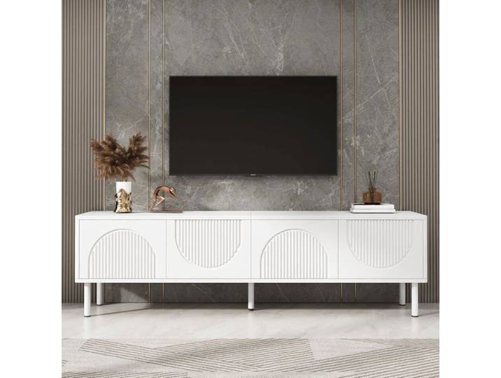 Meuble TV - LEMONBEST - Meuble TV 180 cm - Blanc mat - Portes relief 3D - Rangement fermé
