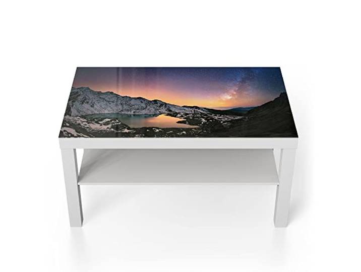 DEQORI Glastisch weiß groß 90x50 cm Motiv Gosainkunda unter Sternen ausgefallener Beistelltisch aus Glas Hochglanz Couchtisch fürs Wohnzimmer moderner Couch Tisch mit Design