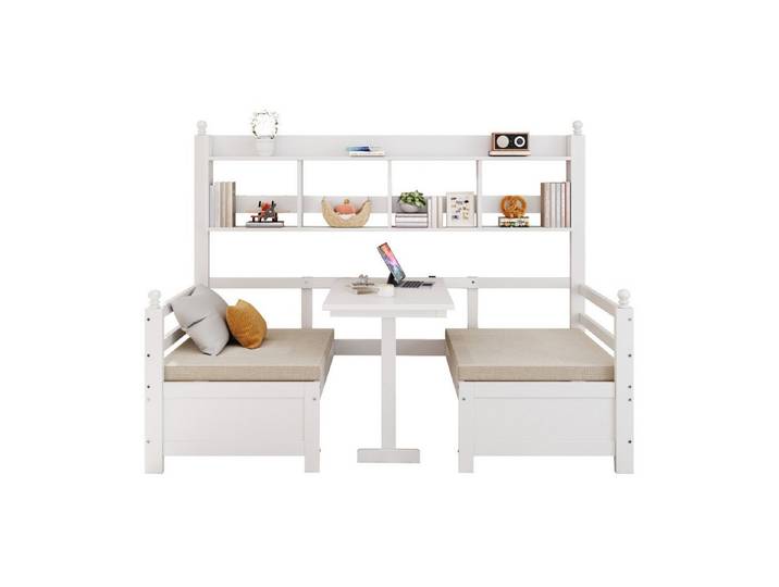 EXTSUD Schlafsofa Schlafsofa 200x90 cm mit Schreibtisch, Bücherregal & Kissen, Mit Bequemen Kissen, Gästebett Einzelholzbett, 2-in-1 Bett und Schreibtisch, Mit Bücherregal Zur Aufbewahrung