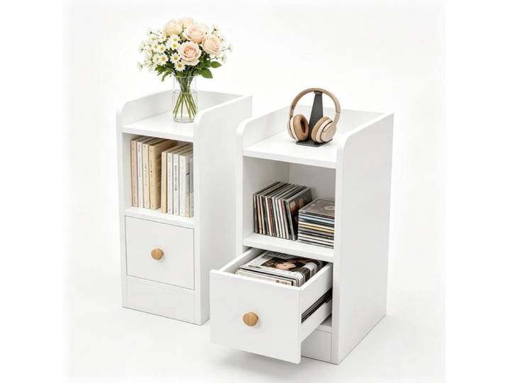 Chleby Lot de 2 Tables de Chevet Étroite Blanc Style Scandinave Meuble Rangement avec Étagère Ouverte Tiroir Pour Petit Espace