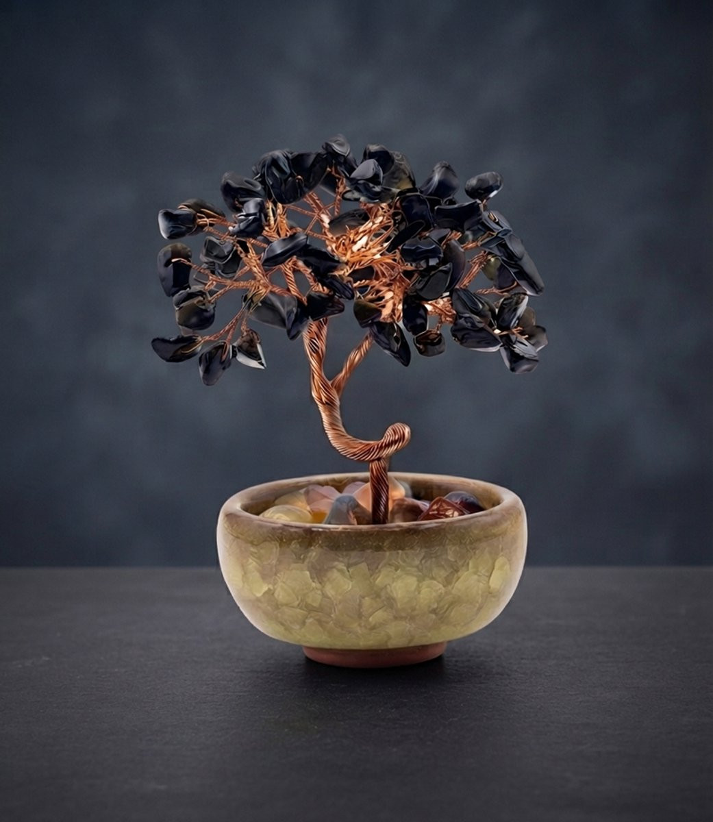 Zwarte Obsidiaan Edelsteenboom – Handgemaakte Kristallen Boom Decoratie voor op Tafel