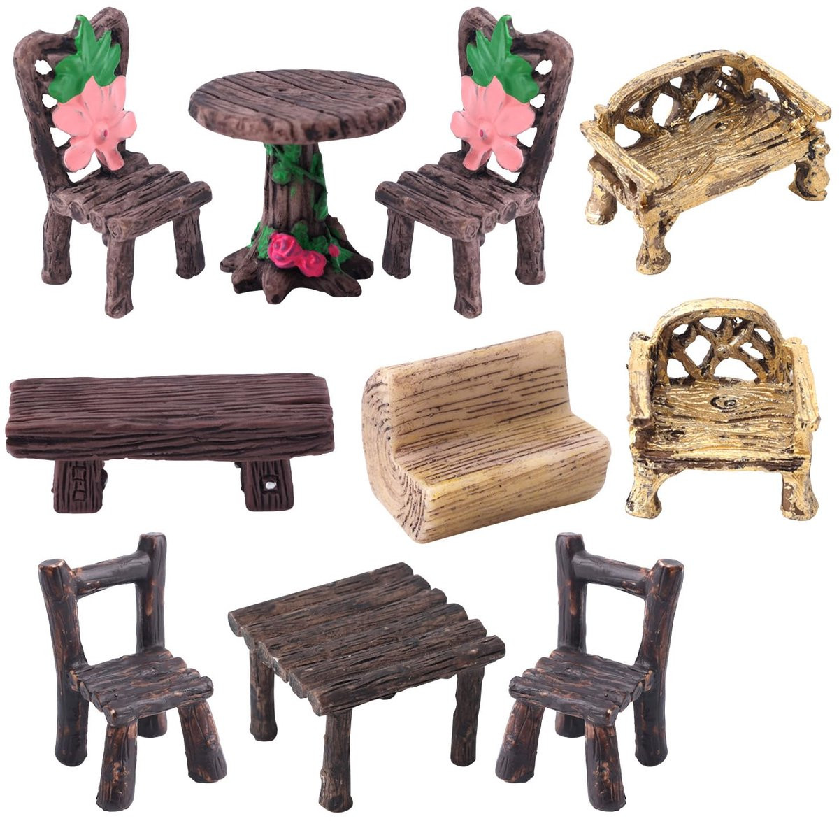 Set van 10 Miniatuur Tuintafel en Stoelen, Hars Poppenhuismeubels voor Doe-Het-Zelf Knutselen en Feeëntuindecoratie