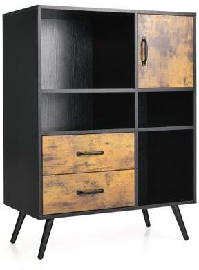 Costway Industrial Buffet Sideboard Kitchen Cupboard with Cubbies Drawers-Rustic Brown