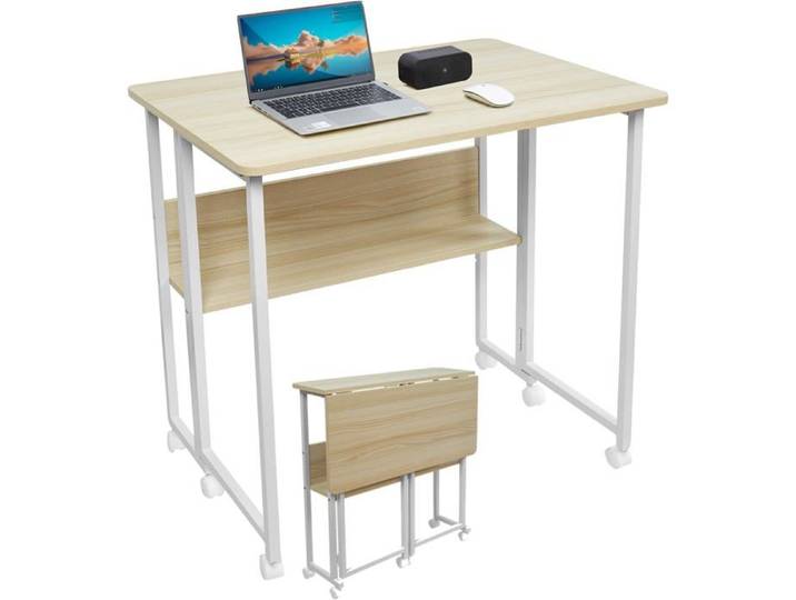 Bureau Pliant Portable À Rouletteset Tapis De Pieds Bureau Pliable Petit Espace Table D'Ordinateur Rabattable Avec Rangement Pour
