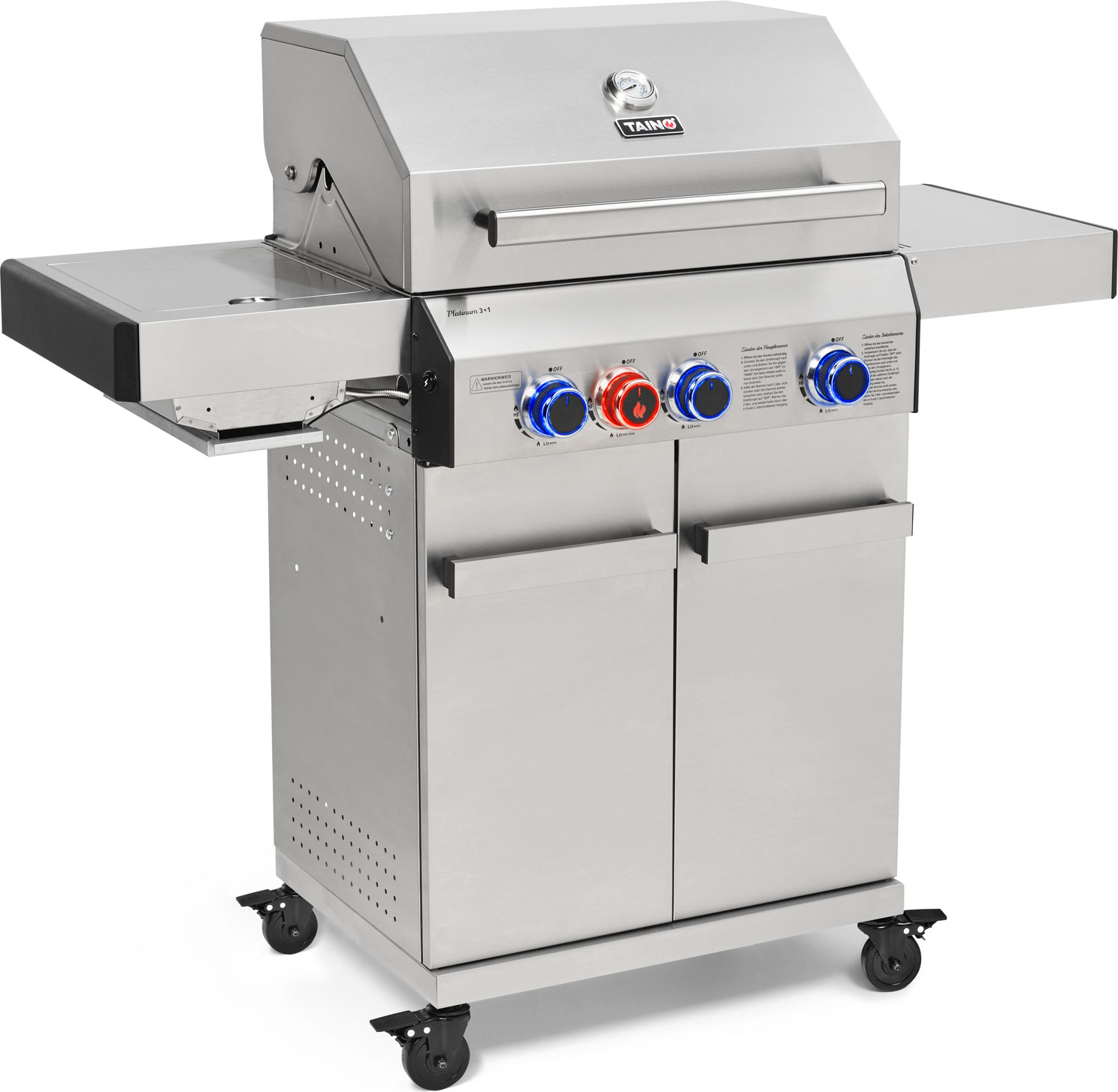 TAINO PLATINUM 3+1 Gasgrill komplett Edelstahl 3-Brenner silber Grillwagen BBQ Griller Piezozündung Seitenkocher Gusseisen-Roste