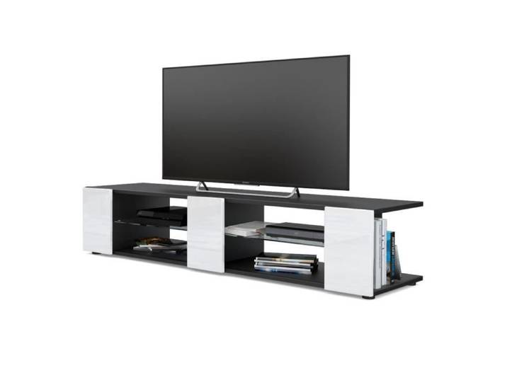 Vladon Meuble TV Armoire basse Movie V2 Corps en Noir mat - Façades en Blanc haute brillance
