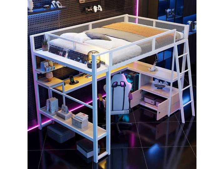 Lit mezzanine gaming 140x200 avec bureau et LED Lit superposé rangements Cadre de lit en métal Blanc(Sans Matelas)