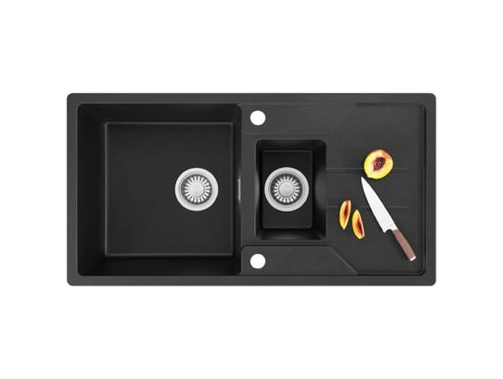 CECIPA 1,5 Becken 86 x 45 cm Spüle Schwarz mit Abtropffläche, Küchenspüle Einbauspüle Graphitschwarz, Spülbecken Küche Schwarz, Waschbecken Küche