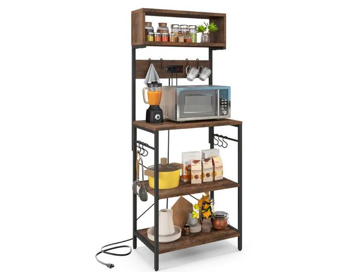 Support pour Micro-ondes à 5 Niveaux H 153 cm COSTWAY Prise de Courant Buffet de Cuisine avec Etagères Ouvertes 10 Crochets