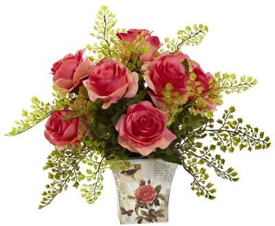 Nearly Natural Rose and Maiden Hair Arrangement in Planter
