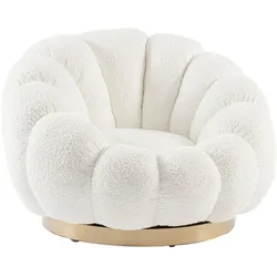 Drehsessel Florel aus Boucle-Stoff, modern, weiß, komfortabel gepolstert mit goldfarbenem Mittelfuß