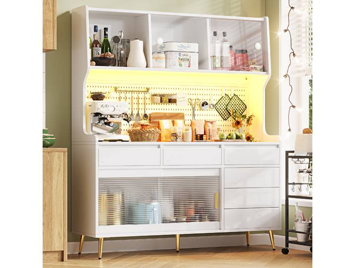 Redom - Buffet Haut 145x39x171 Cm\, Portes Coulissantes\, Éclairage Led\, Verre Rainuré\, Mdf\, Verre Et Métal Blanc