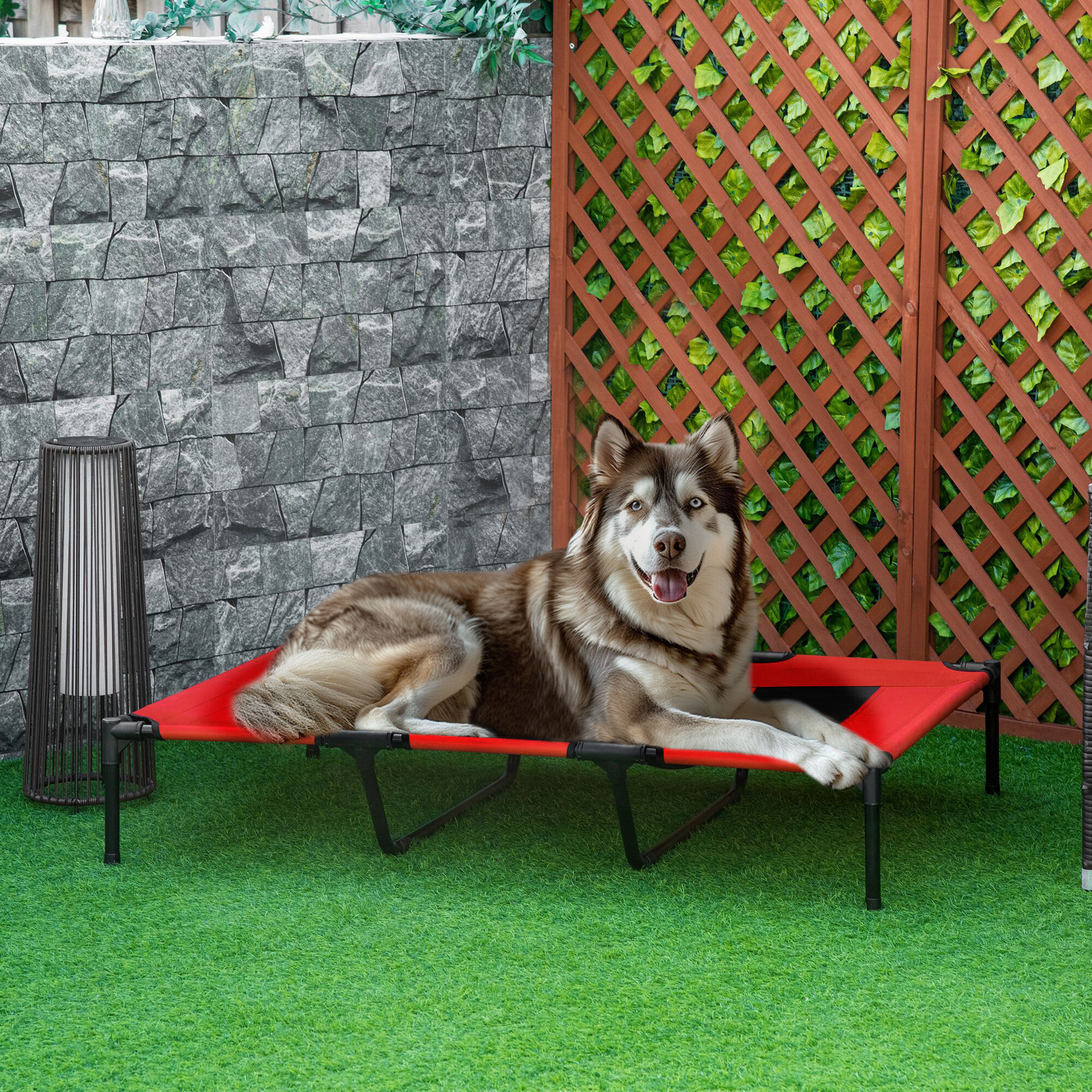Altro Lettino Per Cani 50kg Max Rialzato Con Borsa Da Viaggio, In Metallo E Tessuto Oxford, 122x92x23 Cm, Rosso