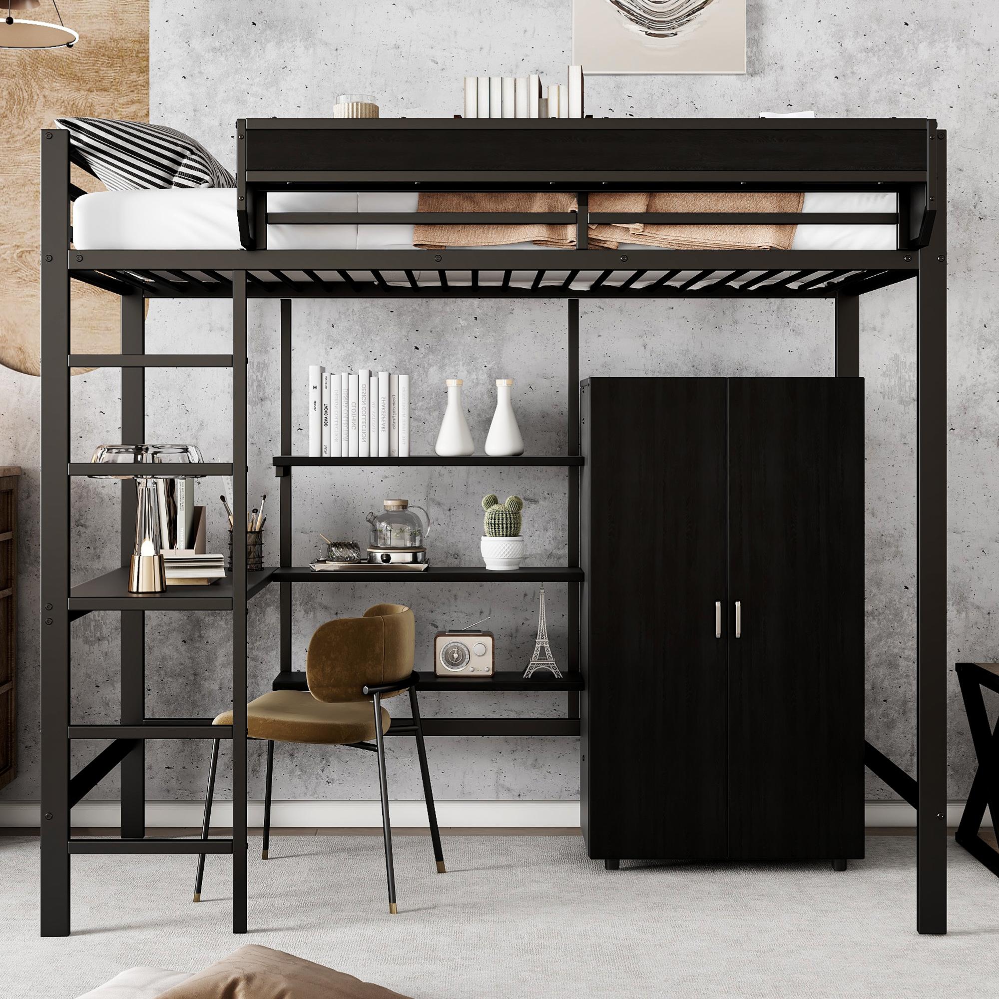 Sweiko Eisenbett, Etagenbett, Geeignet für Kinder und Heranwachsende, Mit Tisch und Kleiderschrank, Reichlich Ablagefächer, Mit 5-stufiger Leiter, Eisen+Spanplatte, Schwarz, 90x200cm