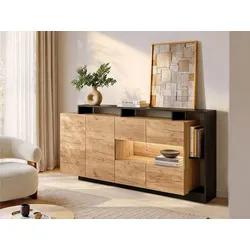 Sideboard mit 4 Türen & 4 Ablagefächern - Mit LED-Beleuchtung - Holzfarben hell & Anthrazit - IDESIA