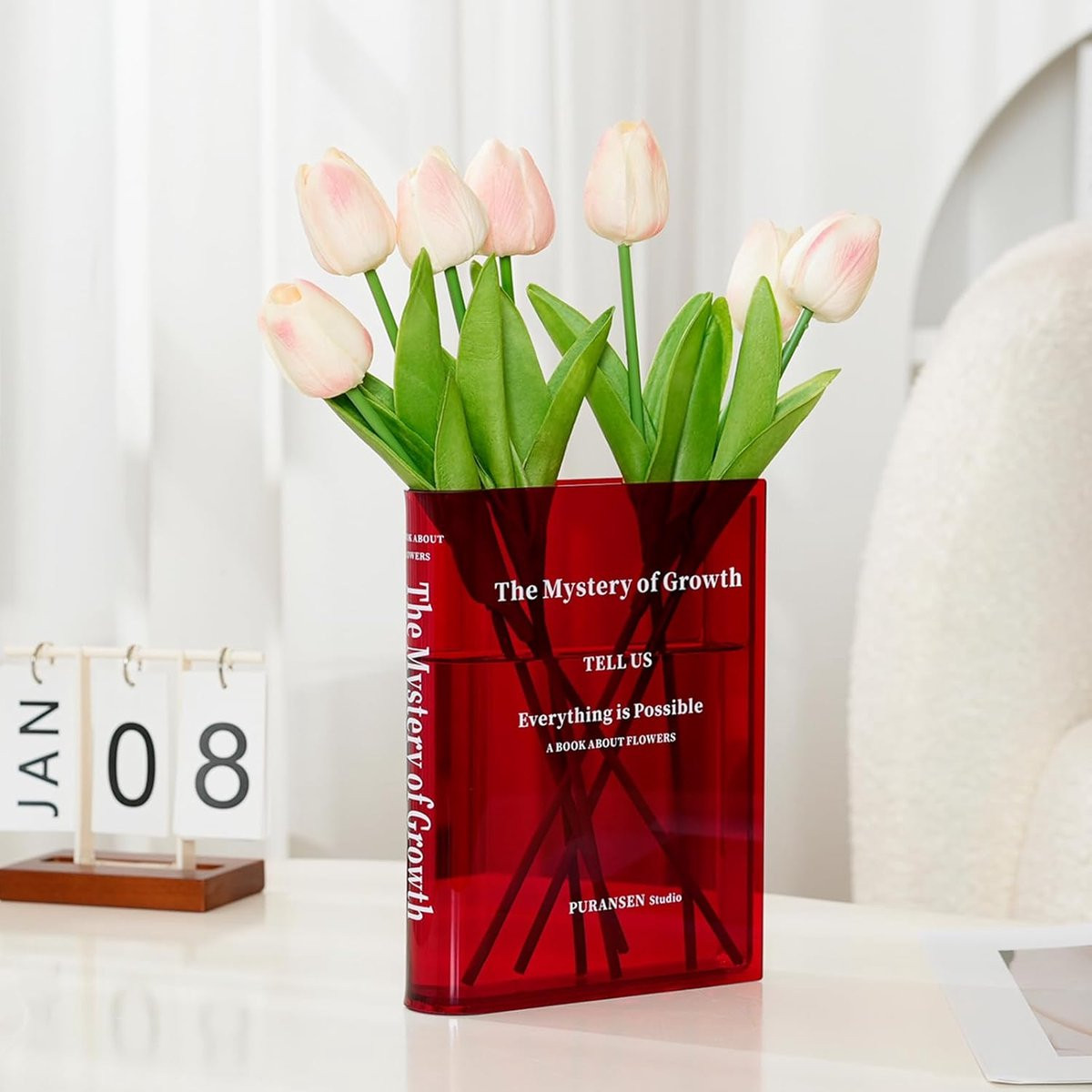 Puransen Boekvaas voor Bloemen, Artistieke Acryl Vaas in Helder Rood