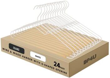BP4U S-Shaped Opening Metal Coat Hangers with Wooden Pants Bar, Reinforced Wire Clothers Hangers for Sweaters, Shirts