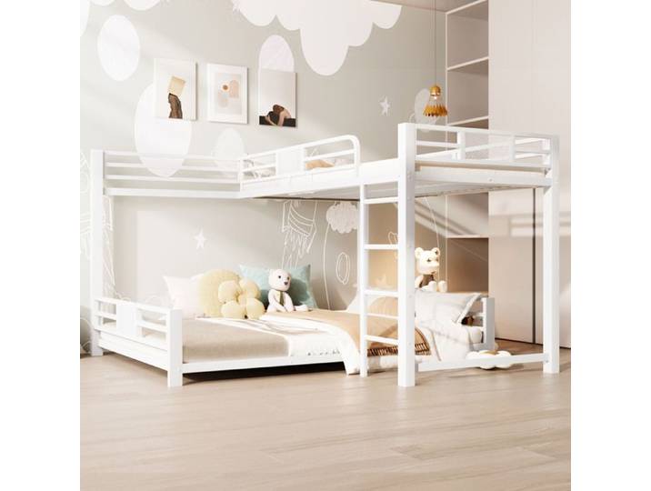 Lit superposé en métal blanc en forme de L avec barrières de sécurité