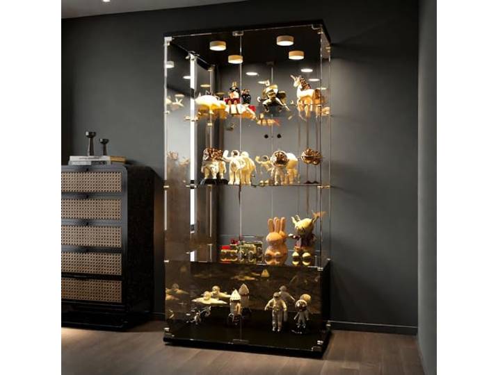 Glasvitrine, Glasvitrine Standvitrine mit Schloss und LED-Beleuchtung, Vitrine für Sammlung mit 2 Türen, 4 Fächern für Wohnzimmer, Schlafzimmer, Büro, Schwarz (Schwarz)