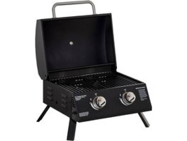 LIA Barbecue gaz table transportable pieds pliables 2 brûleurs 5KW acier alimentaire Noir