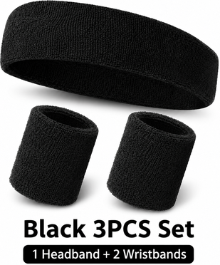 Market Central Absorbent Headband & Wrist Sweatbands For Gym, Tennis, Basketball Training black
