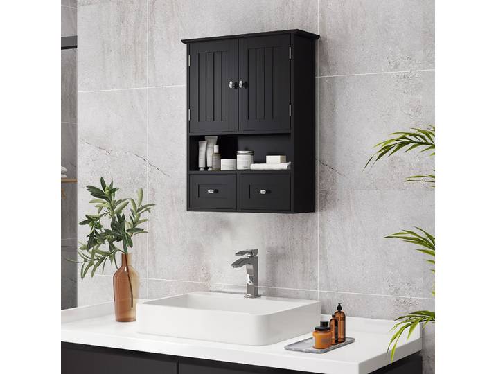kleankin Armoire Murale Salle de Bain 2 Portes 2 Tiroirs Noir