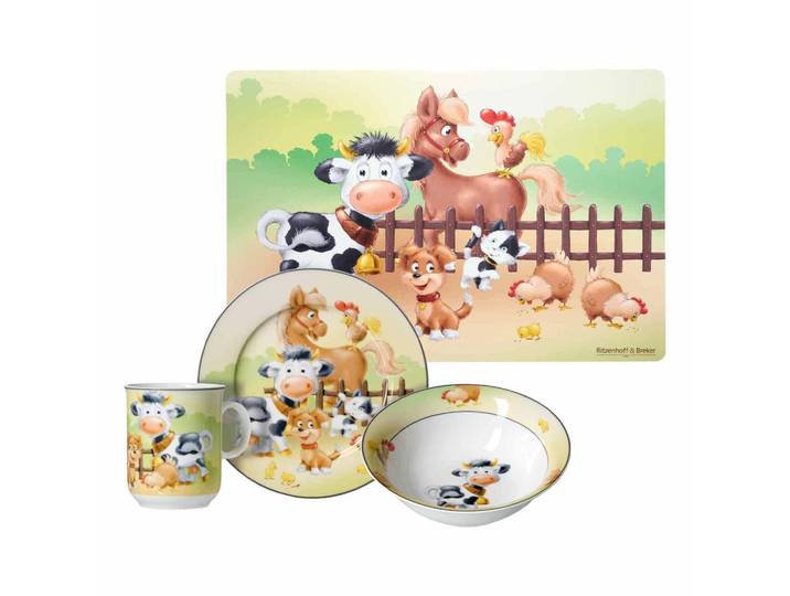 Ritzenhoff Breker Kindergeschirr MIT Platzset Hoftiere bunt, Mehrfarbig, Keramik, 2x2x2 cm, Füttern, Kindergeschirr & Kinderbesteck
