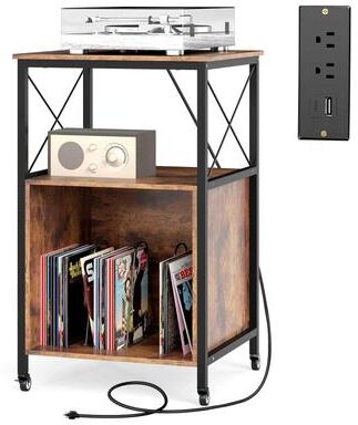 Record Player Stand w/Charging Station Storage Side Table on Wheels