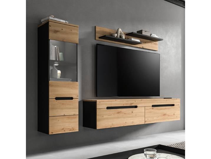 Wohnwand Canu 3-teilig - Highboard Spanplatte, beschichtet Holz/Grau/Eiche Artisan Dekor 221 x 141 x 33cm mit Beleuchtung