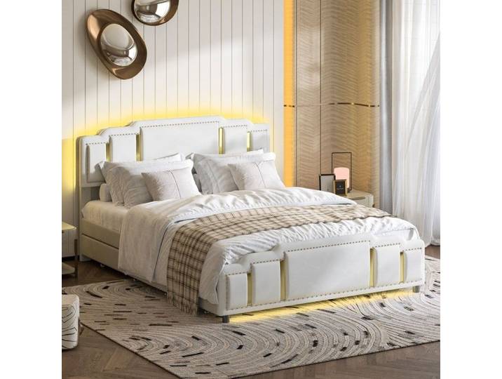 Luscriate - Lit rembourré 140x200 cm avec LED 4 tiroirs – Beige