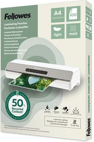 Fellowes Recycled Laminating Pouches 80 Micron (Pack of 100) - A4 Matt