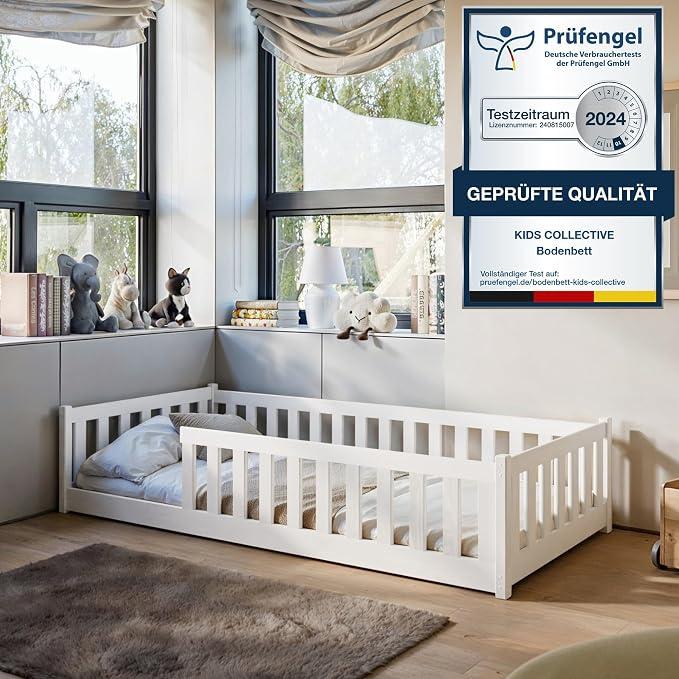 Kinderbett Bodenbett 80x160 cm mit Rausfallschutz & Lattenrost Montessori Bett Bed Gitterbett Kinder Jugendbett Einzelbett | weiß | von 3. bis 10. Lebensjahr