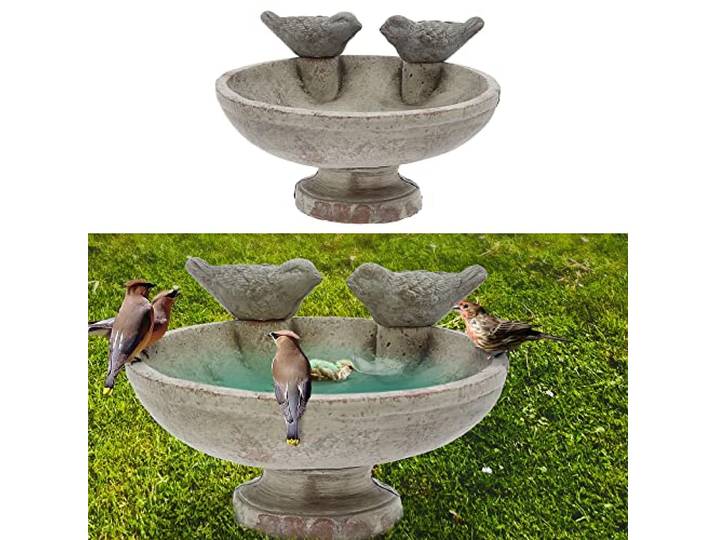 Cepewa Vogelbad met twee vogels, cement, 25 cm, vogelbad, waterbak, vogelbad, tuindecoratie (1 x vogelbad 25 cm)