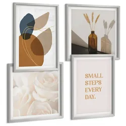 BILDER SET 4er Set - 50x50 cm & 40x60 cm Silberner Rahmen - Abstrakte Formen Akzente