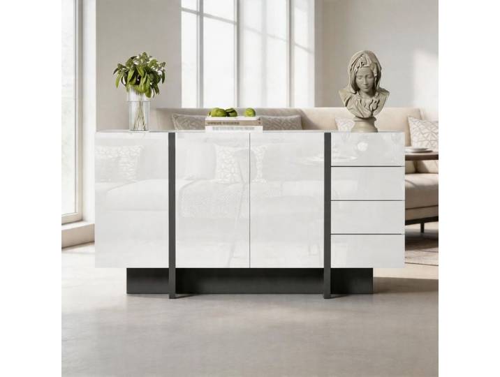 Buffet bas - 150 cm - Blanc laqué brillant - 2 portes 4 tiroirs - Design contemporain
