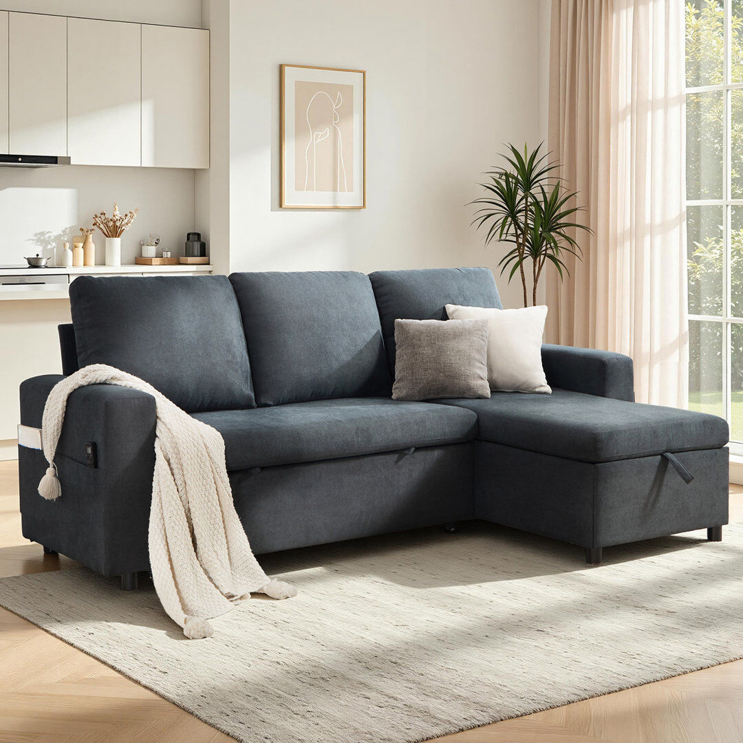 Latitude Run 227cm L-Shaped Convertible Pull Out Sofa Bed, Upholstered Sleeper with Storage Chaise and Side Pocket Grey 94cm H X 227cm W X 142cm D