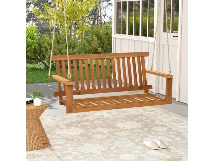 GOPLUS Balancelle de Porche 2 Places en Bois d'Acacia Capacité 360KG 130x63x57CM-Chaise Suspendue Siège et Dossier à Lattes