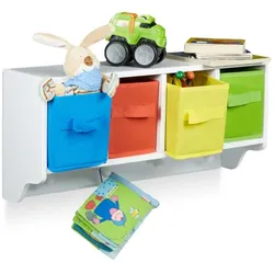Relaxdays Kinder Wandregal mit Kleiderhaken ALBUS Weiß,Hellblau,Rot