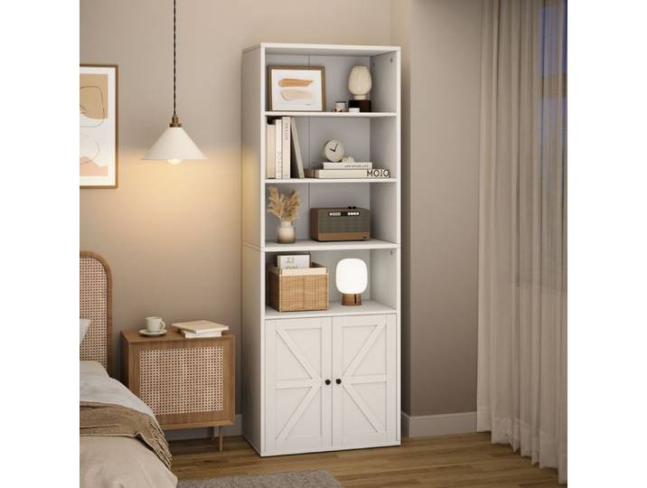 Bibliothèque 5 étages - Portes coulissantes en verre - Blanc crème - 180x80x30cm - Style farmhouse