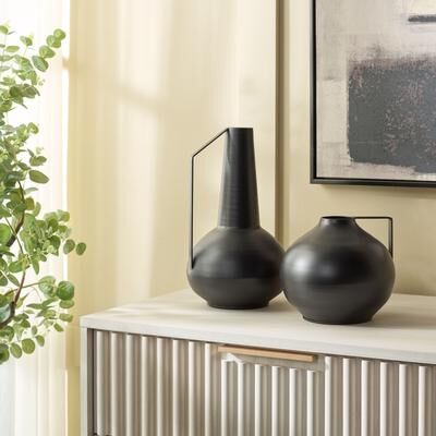 SAFAVIEH Luca 13.25-Inch Iron Satin Finish Vase Set of 2, Black