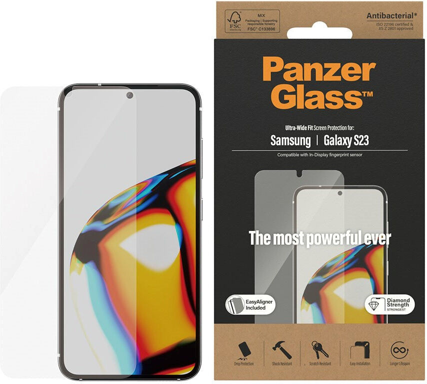 Samsung Galaxy S23 PanzerGlass AntiBacterial Ultra-Wide Fit Skærmbeskyttelsesglas - EasyAligner - Diamond Strength - Gennemsigtig