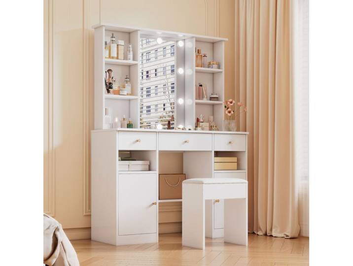 Coiffeuse Blanche Avec Miroir LED Table De Maquillage Style Hollywood FloraGrace Pour Chambre Facile A Assembler 110x40x151cm