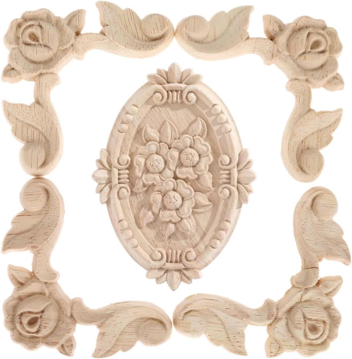 Set van 5 ongelakte houten applicaties met klassieke patronen voor decoratie van meubels
