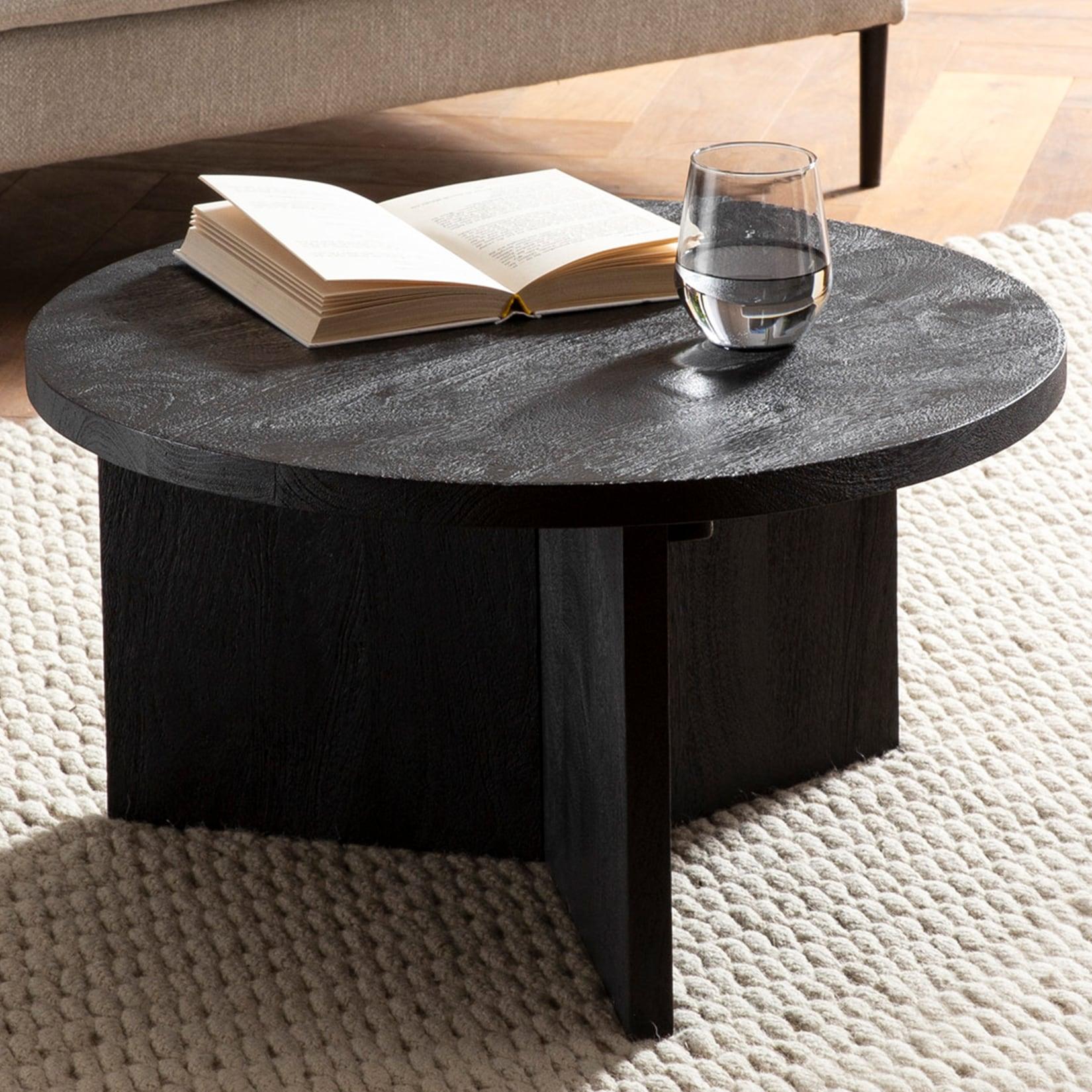 Couchtisch FineBuy Sofatisch Massivholz Schwarz 60x60x33cm Wohnzimmertisch Rund