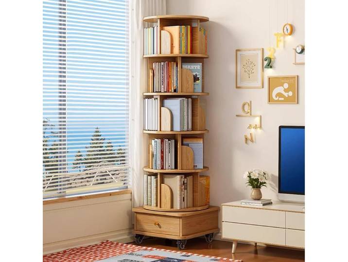 WOVREO Bibliothèque rotative 6 étagères 360° avec roulettes et tiroir MDF aspect bois bois
