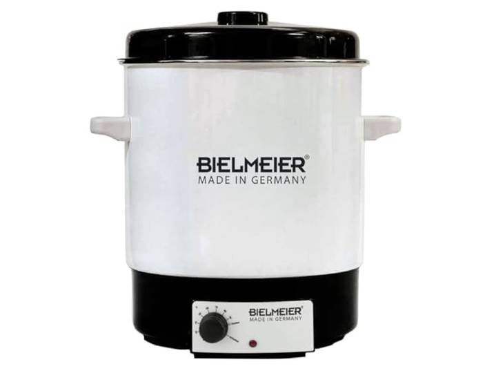 BIELMEIER Einkochautomat 29 L Emaille, elektrisch 2000 W Einkochtopf mit Regelthermostat, ohne Auslaufhahn, Weckautomat mit Entsafterschaltung und Einlegerost, Made in Germany