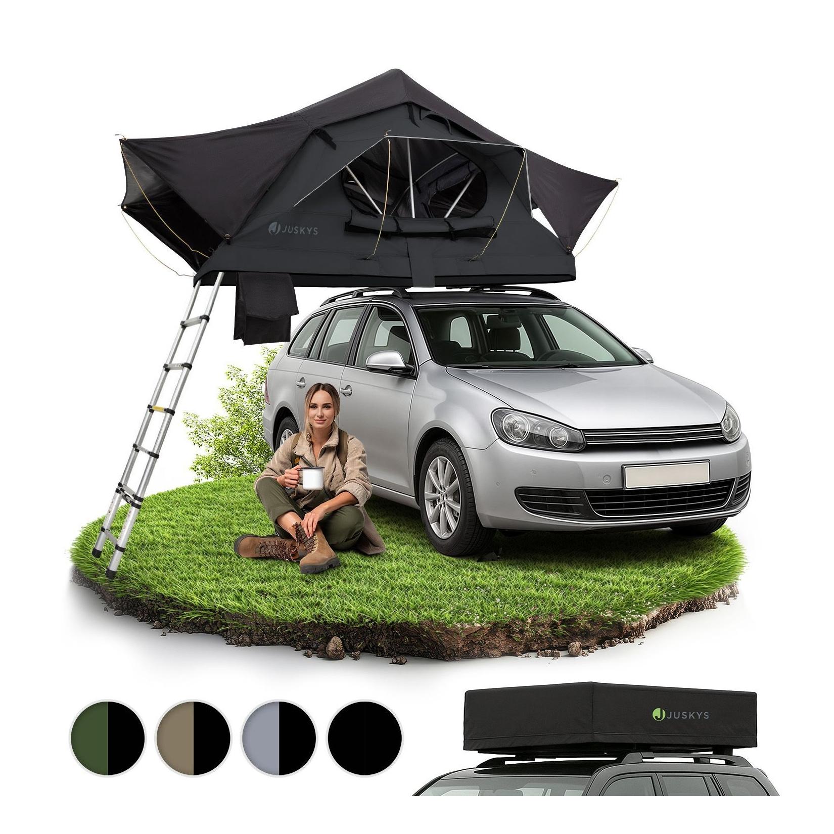 Juskys Autodachzelt Lago 120 x 210 cm - LED-Beleuchtung & Leiter - Schwarz
